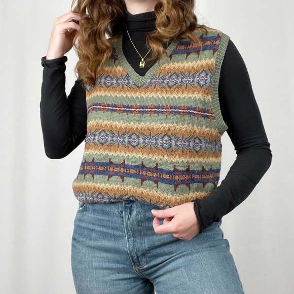 Vintage Sweaters - Vintage Polo Ralph Lauren Silk Cashmere Linen Fair Isle Knit Sweater Vest Preppy